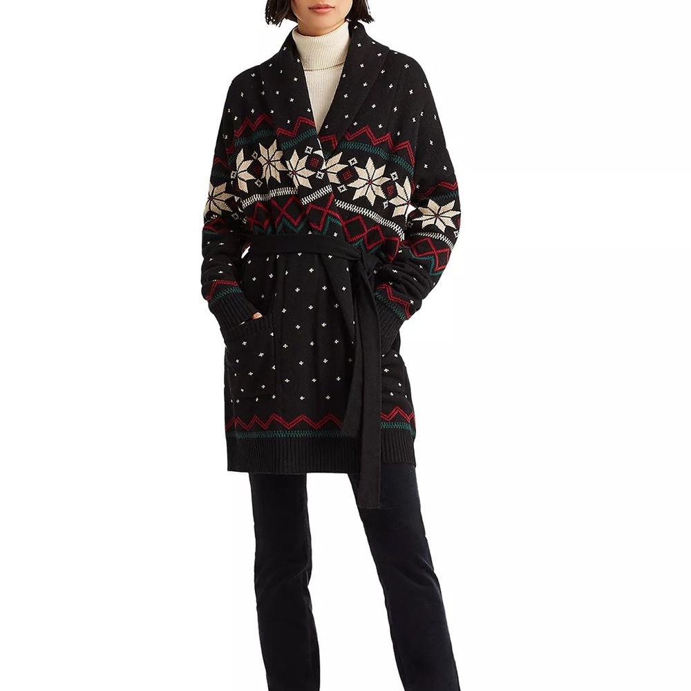 Women's Lauren Ralph Lauren Black Wool Snowflake Cardigan Sweater Coat NWT